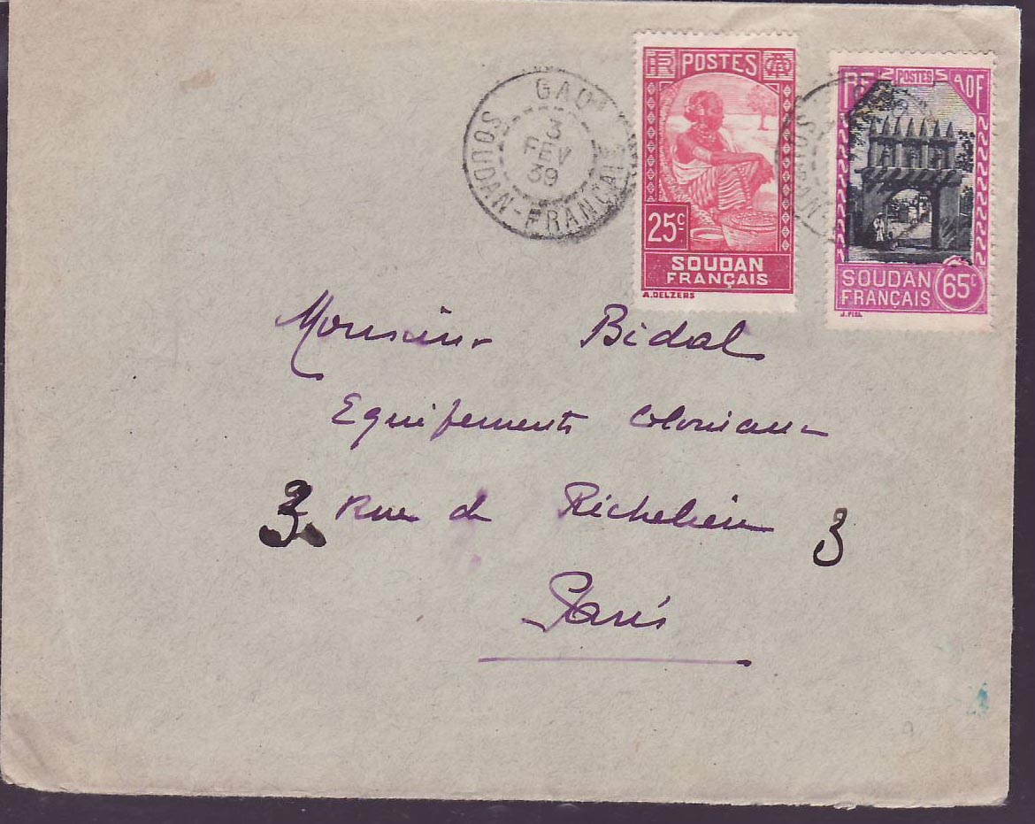 Soudan 65c + 25c obl Gau 3 FEV 39 pour Paris
