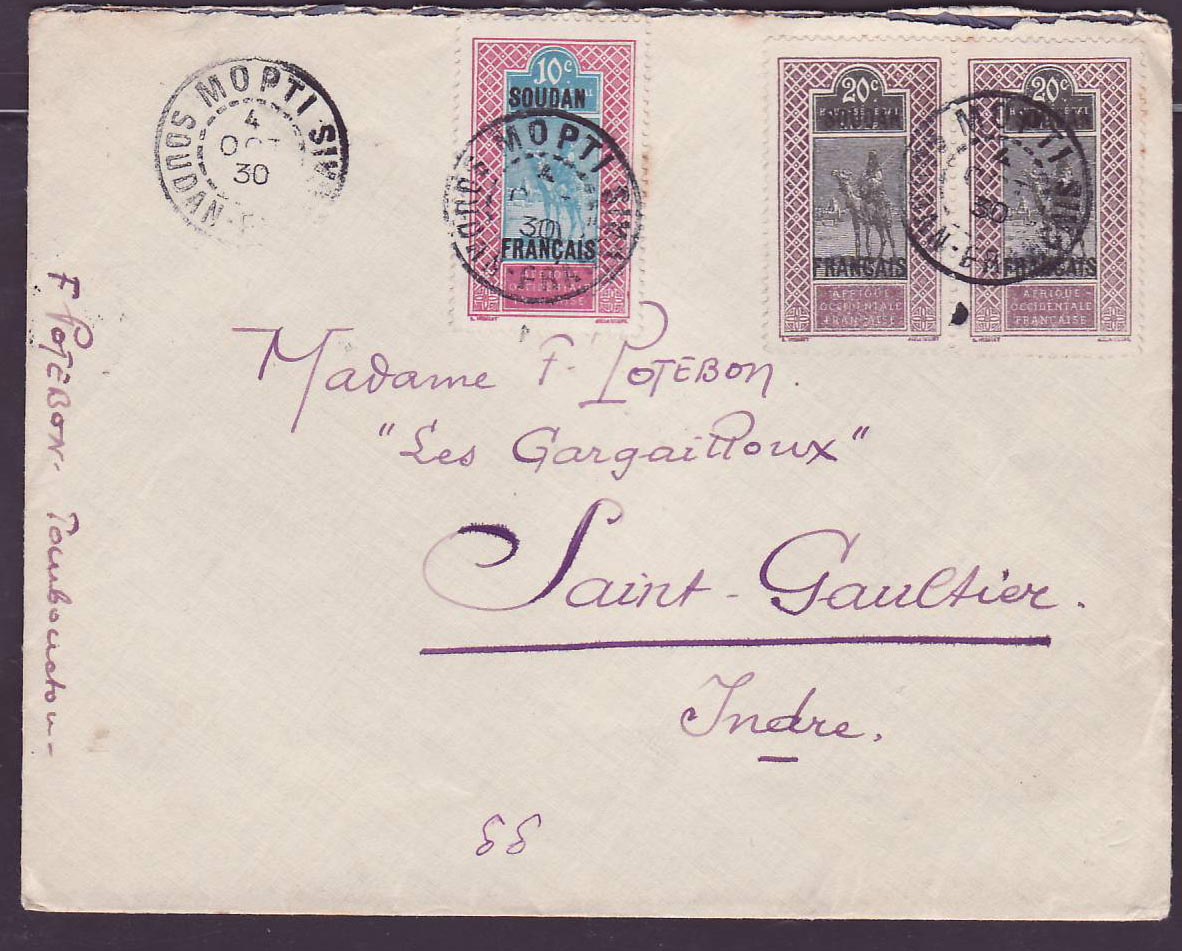 Soudan Bel affranchissement paire 20c Chamelier + 10c ob Mopti 4 OCT 30 pour Saint-Gaultier  Indre  France
