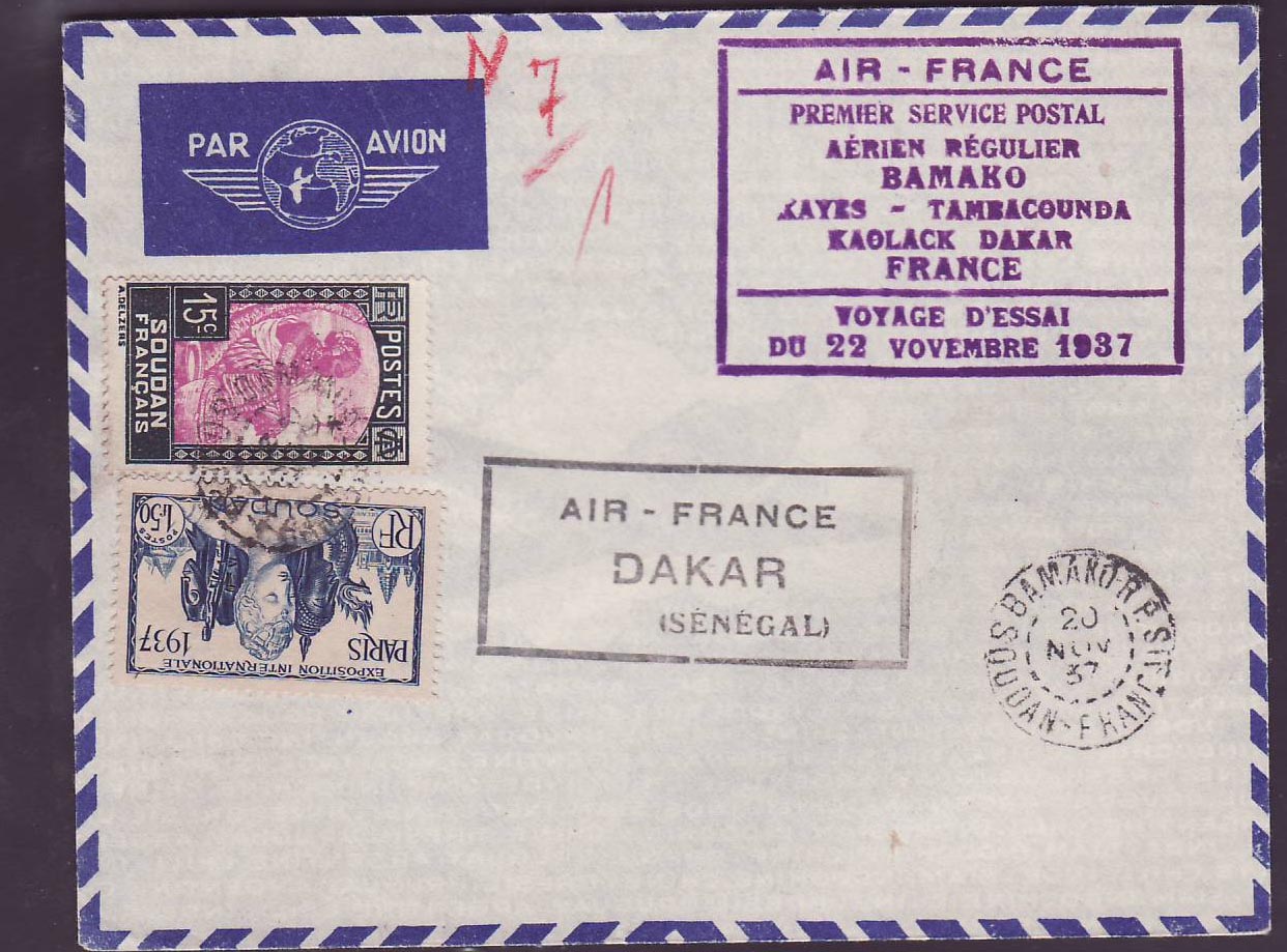 Soudan 1er Vol Bamako Kayes Tambacounda Kaolack Dakar Senegal 22 NOV 1937 ob Bamako 20 NOV 37