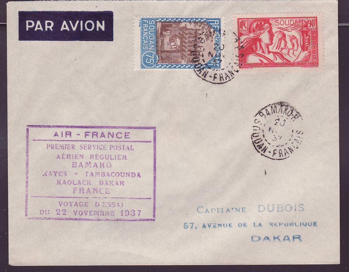 Soudan 1er Vol Bamako Kayes Tambacounda Kaolack Dakar Senegal 22 NOV 1937 ob Bamako 20 NOV 37
