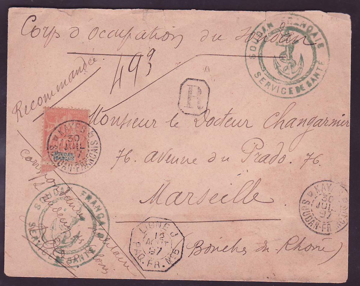 Soudan Type Groupe 40c Seul sur lettre obl Kayes 30 JUI 97 pour Marseille  cachet de Marine Service de Santé + cachet ma