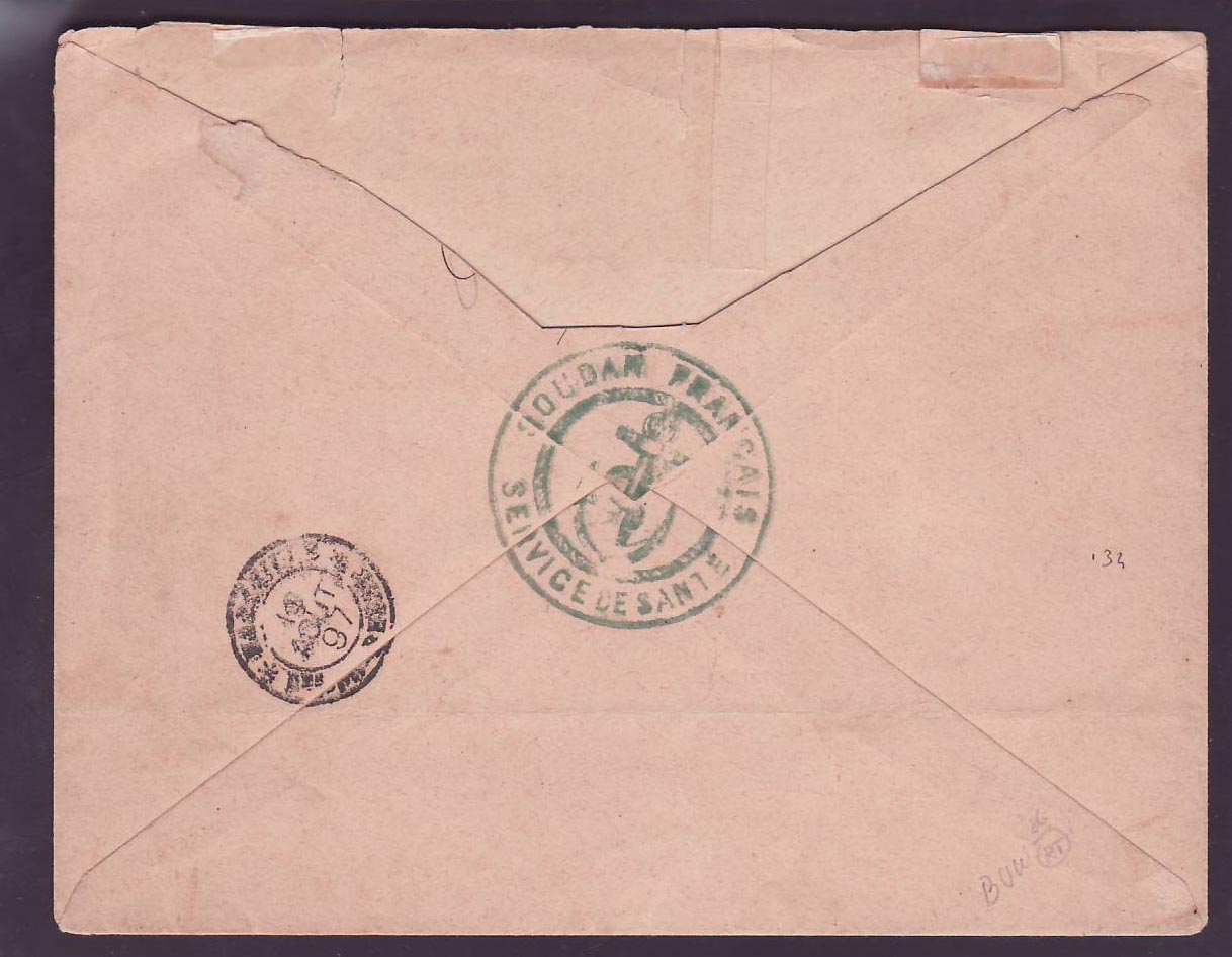 Soudan Type Groupe 40c Seul sur lettre obl Kayes 30 JUI 97 pour Marseille  cachet de Marine Service de Santé + cachet ma — Rückseite