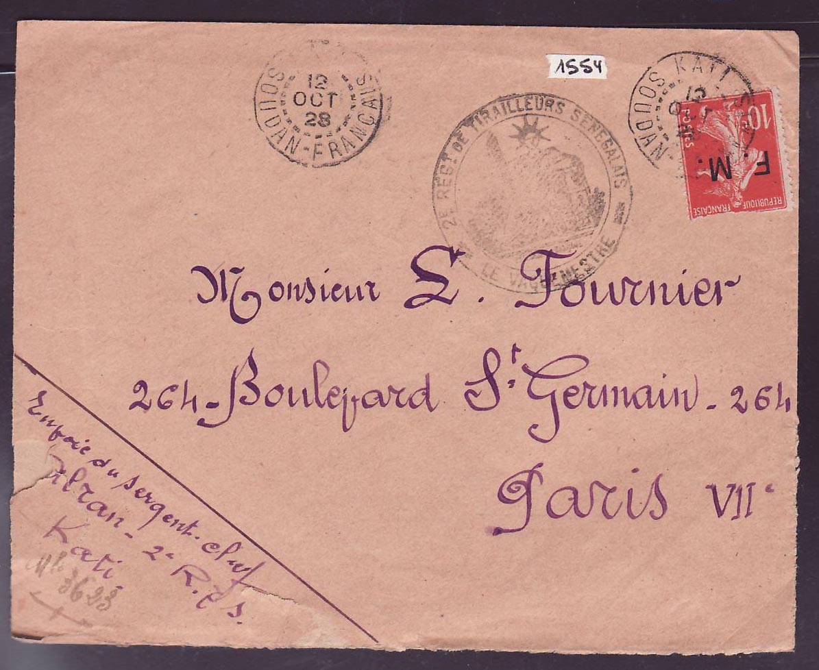 Soudan Lettre avec timbre FM Franchise Militaire Semeuse 10c obl Kati 12 OCT 28 pour Paris  Franc  2eme regt de Tiraille