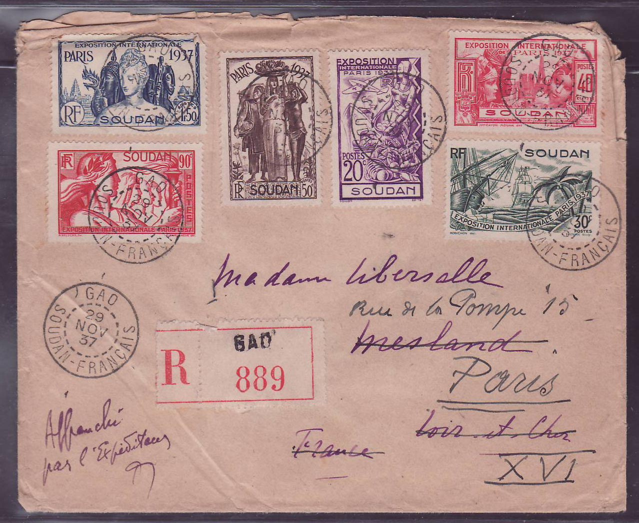 Soudan Belle lettre Service Automobile (cachet au dos) Cie Transaharienne  obl Gao 29 NOV 37