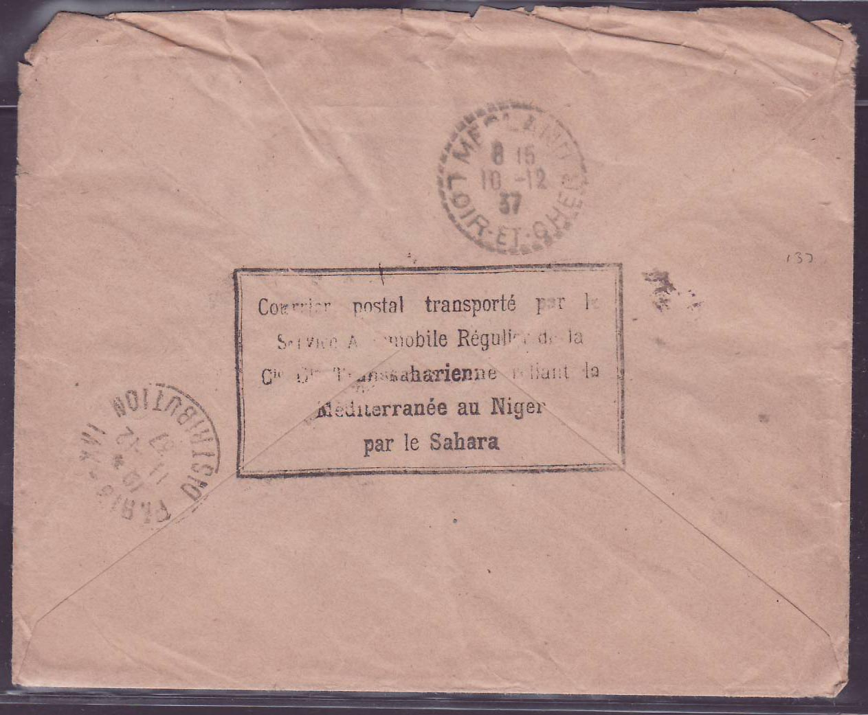 Soudan Belle lettre Service Automobile (cachet au dos) Cie Transaharienne  obl Gao 29 NOV 37 — Rückseite