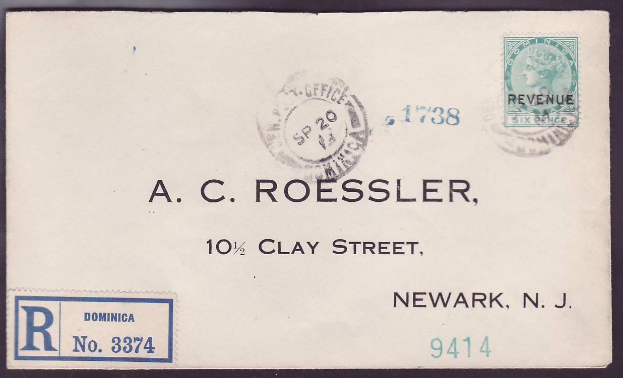 Dominique Dominica 6p Revenue on Roessler Newark  USA  sanc SP 20 13  Rare