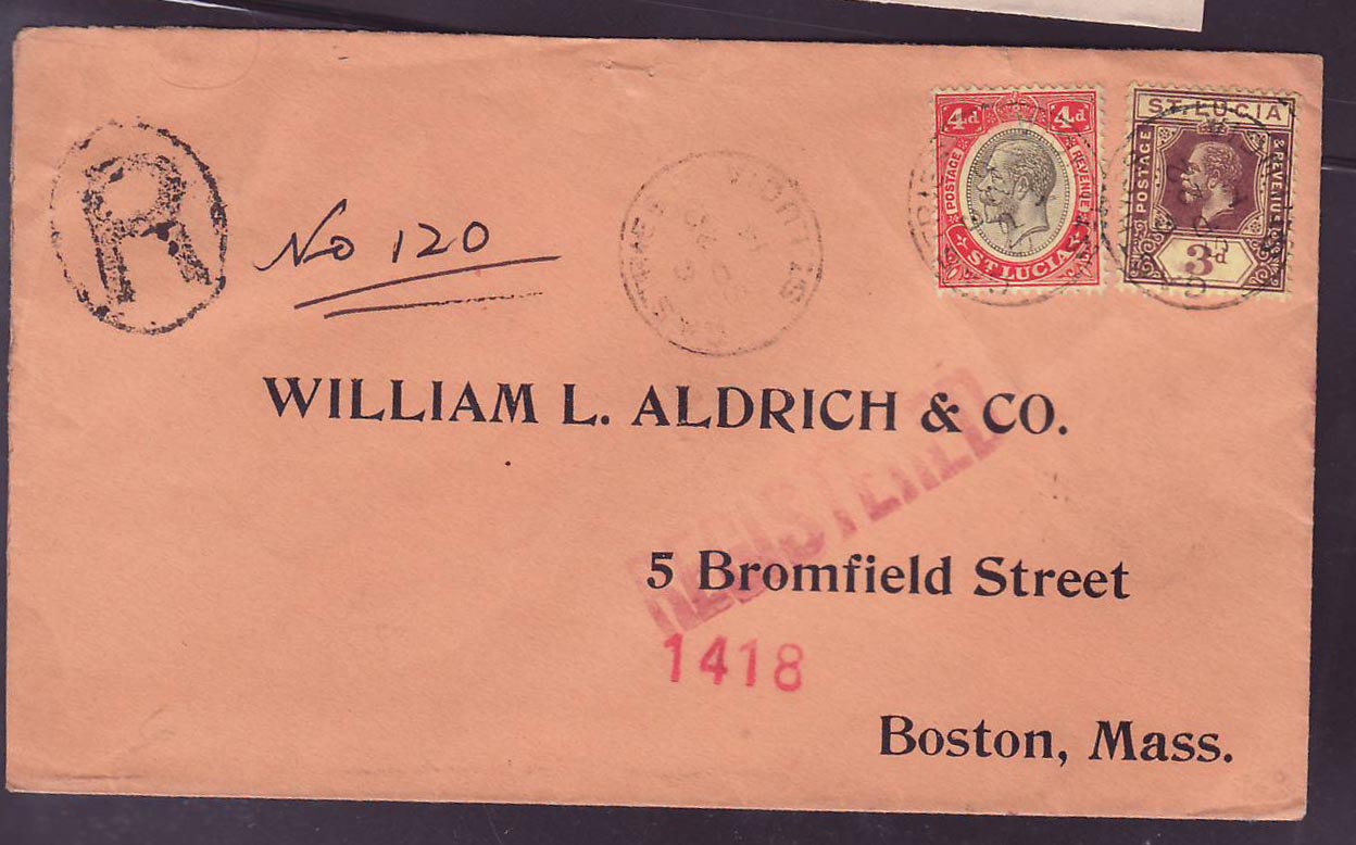 St Lucia Lucie Registered mail 4d + 3d for Boston  Mass  USA