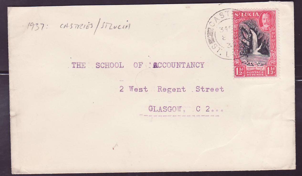 St Lucia Lucie 1 1/2d cover with Castries canc dated 1937  for Glasgow  Scotland