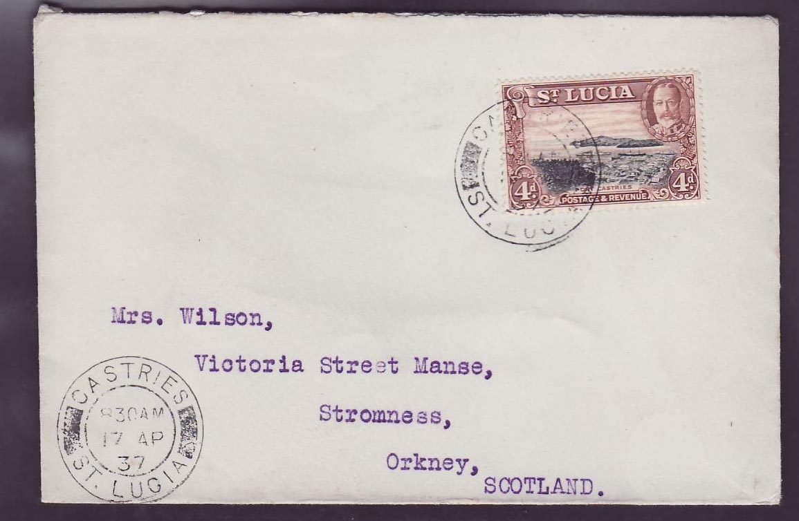 St Lucia Lucie Solo 4d value with Castries 17 AP 37 cancel  to Okney  Scotland