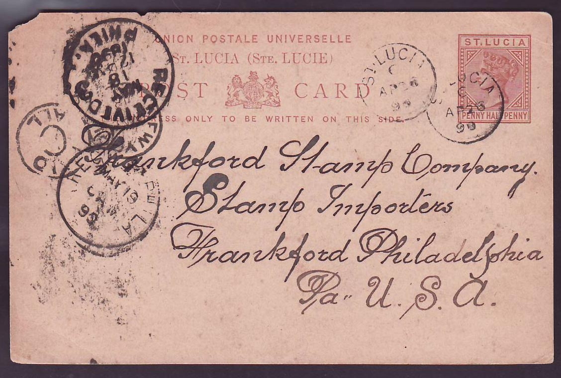 St Lucia Lucie Stationary 1 1/2d to Frankford  USA  1890 cancel