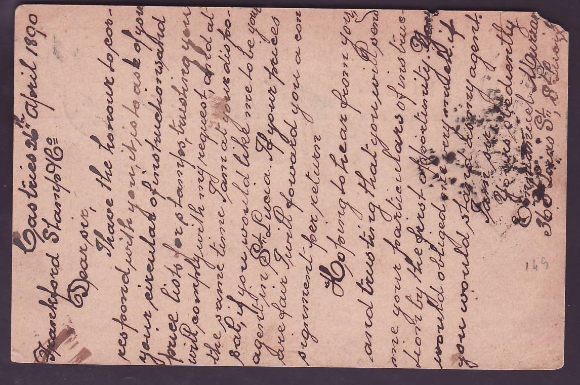 St Lucia Lucie Stationary 1 1/2d to Frankford  USA  1890 cancel — Rückseite