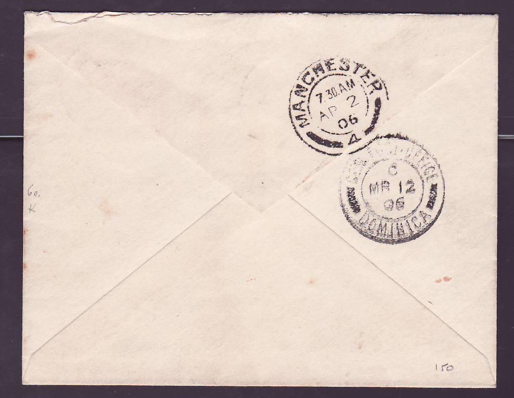 Dominique Dominica Rare Stationary 1p with Colihaut MAR 9 6 cancel (very small office) to Manchester England — Rückseite