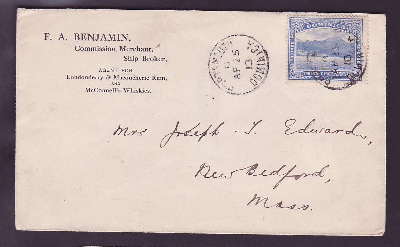Dominique Dominica Cover with 2 1/2p value to New Bedford  Mass  USA  with rare Portsmouth Cancel AP 13