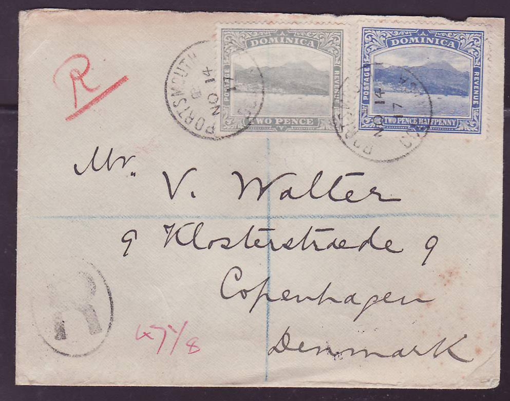 Dominique Dominica Cover with 2p + 2 1/2d values with rare Portsmouth NO 14 17 cancellation to Copenhagen  Denmark