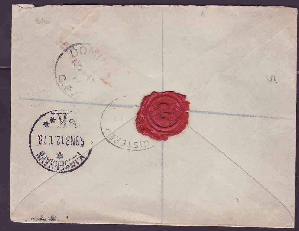 Dominique Dominica Cover with 2p + 2 1/2d values with rare Portsmouth NO 14 17 cancellation to Copenhagen  Denmark — Rückseite