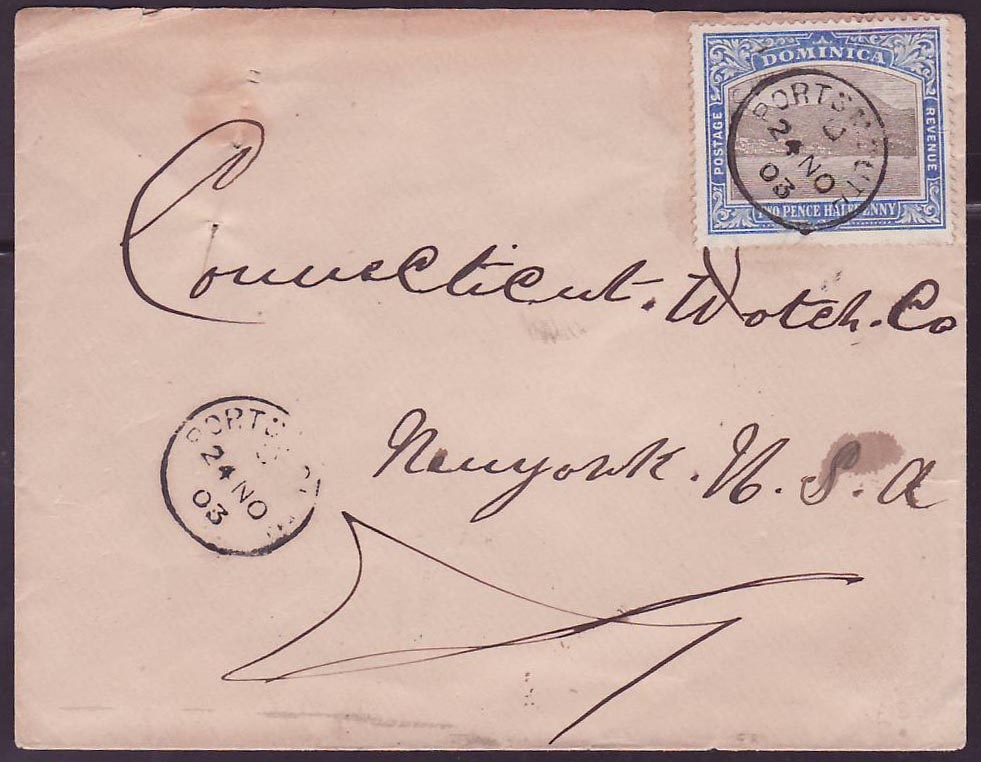 Dominique Dominica Cover with 2 1/2p value with rare Portsmouth NO 03 cancel to New York  USA
