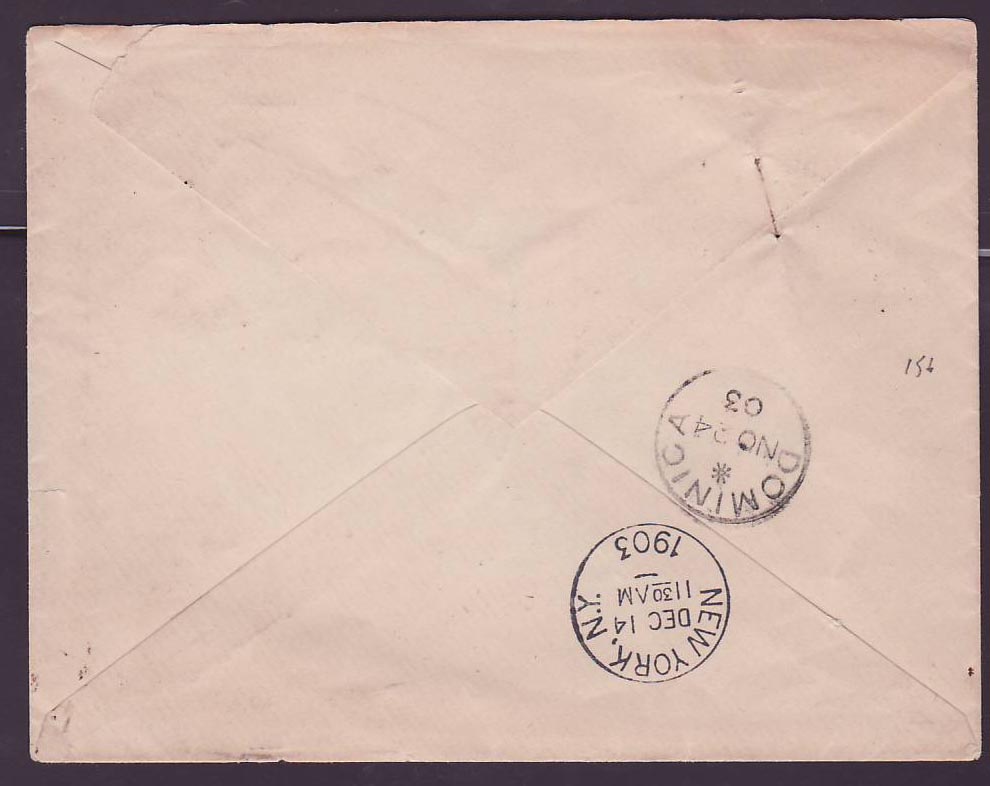 Dominique Dominica Cover with 2 1/2p value with rare Portsmouth NO 03 cancel to New York  USA — Rückseite