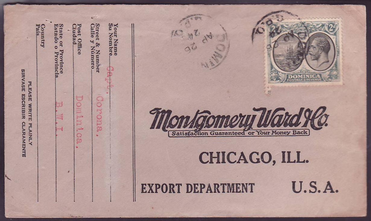 Dominique Dominica 2d with GPO cancel on unsual Montgomery Ward Chicago USA cover