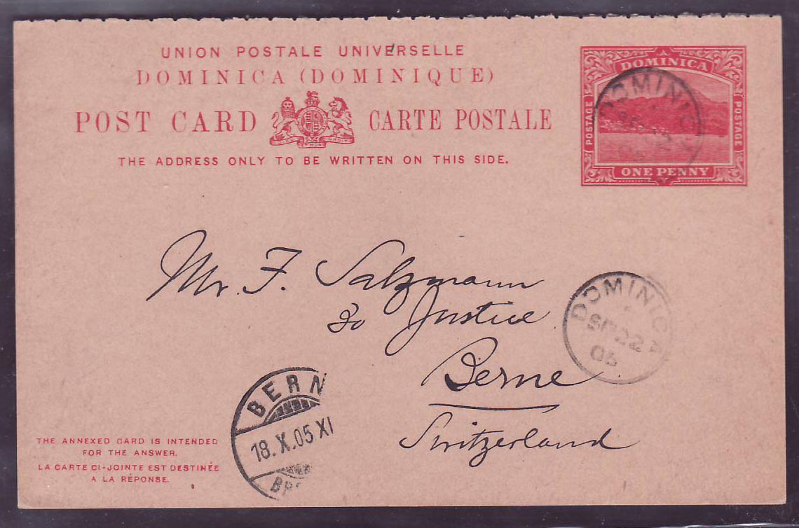 Dominique Dominica 1p Stationary to Berne  Switzerland  canc 05
