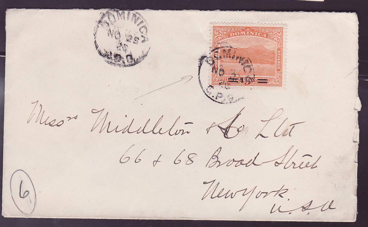 Dominique Dominica 1 1/2d value to GPO cover to New York  dated 1920