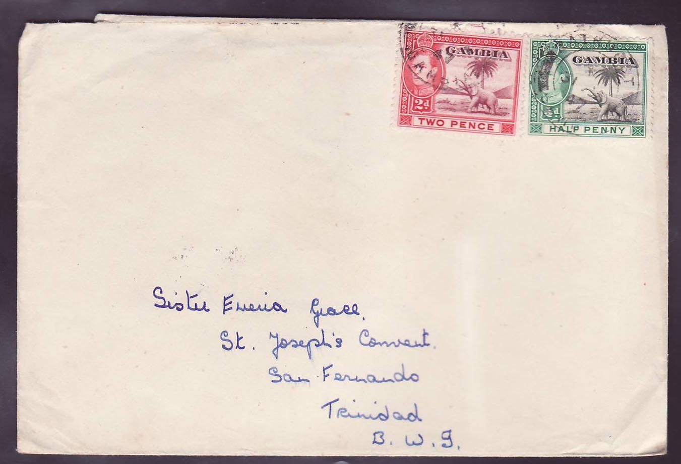 Gambie Gambia 2 Bathurst cover with 2 Elephant issued  to San Fernando  Trinidad