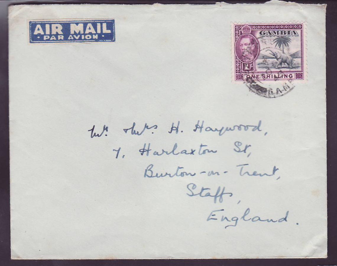 Gambie Gambia Solo 1s franking for Burton on Trent  England  cated 1948