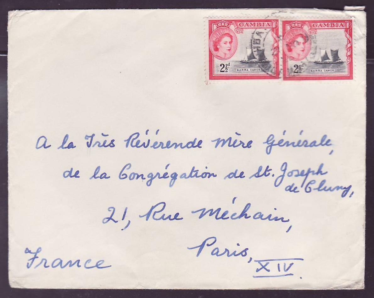 Gambie Gambia Pair of 2 1/2d value canc Bathurst (date unclear) to Paris  France
