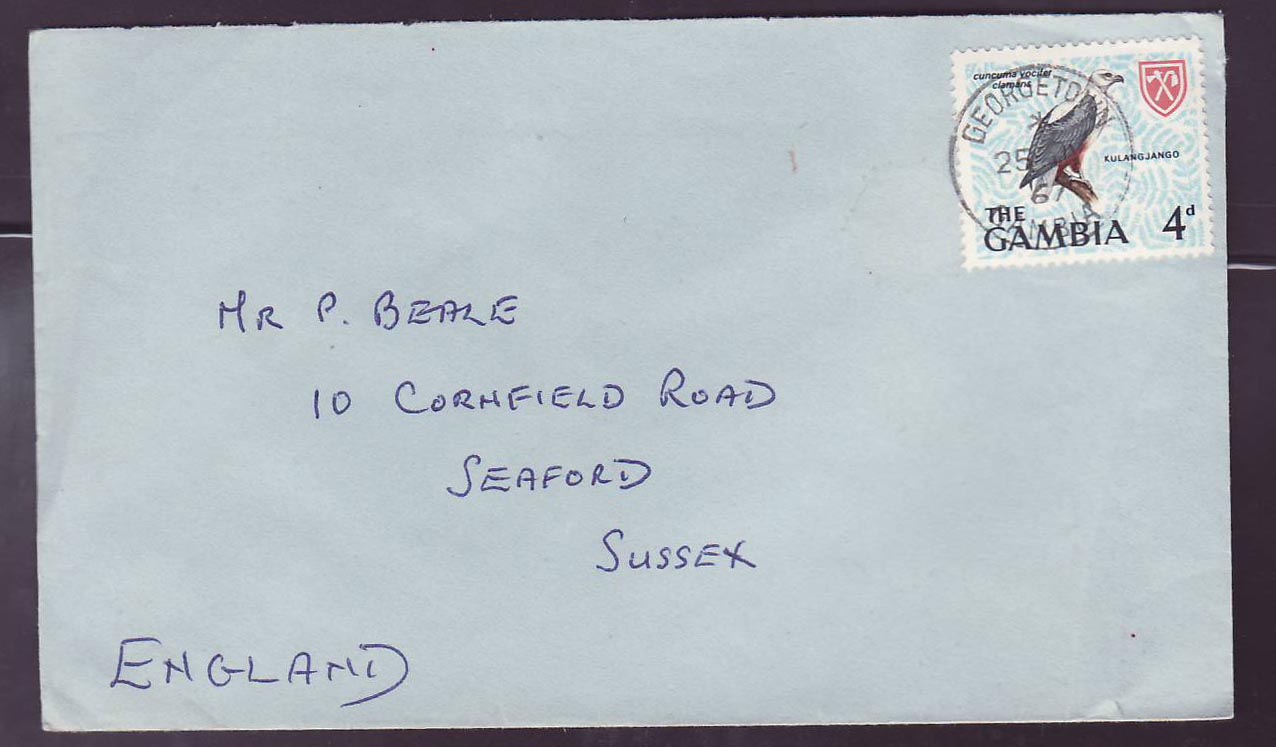 Gambie Gambia Georgetown can on 1967 cover to Seaford  England  Kulangjambo  Oiseau