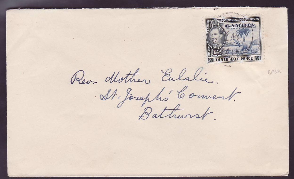 Gambie Gambia Basse cover on 1 1/2d Elephant Stamp to Bathurst  dated 1951