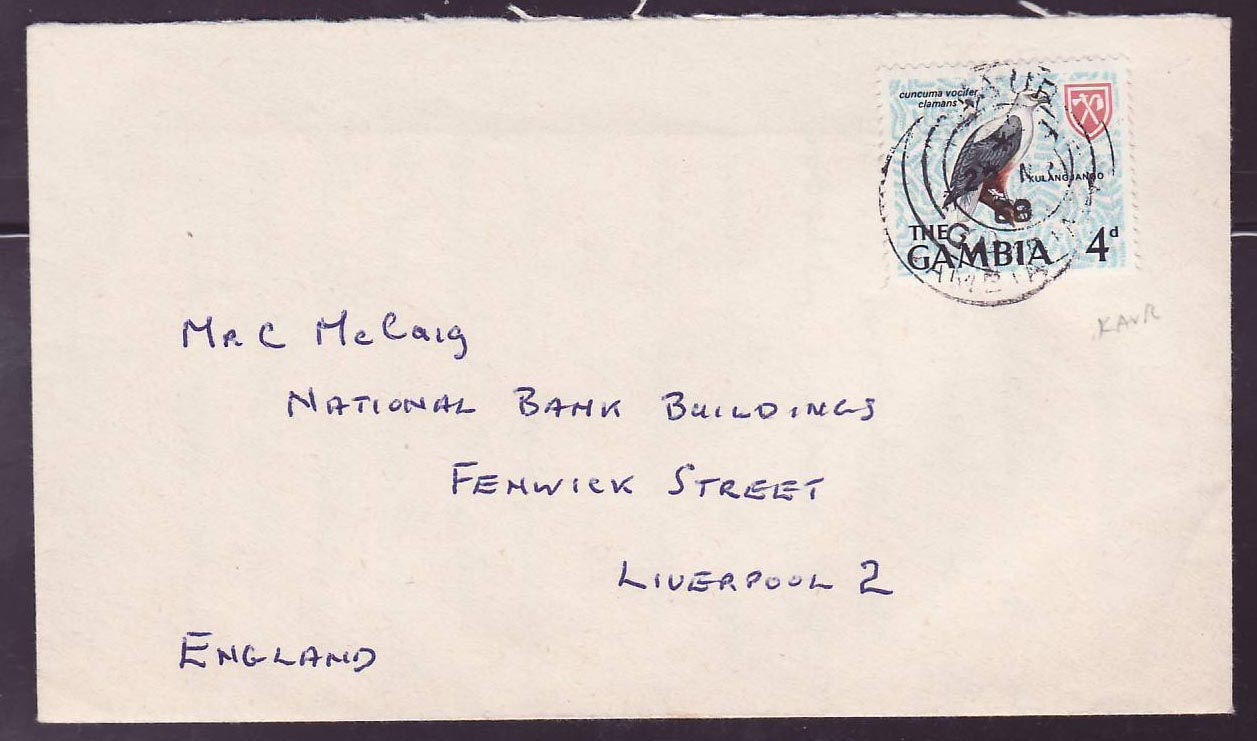 Gambie Gambia Kaur canc on 1968 cover (oiseau) to Liverpool  England