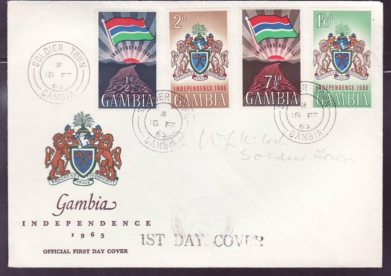 Gambie Gambia Soldier Town canc on Indepence 1965 cover
