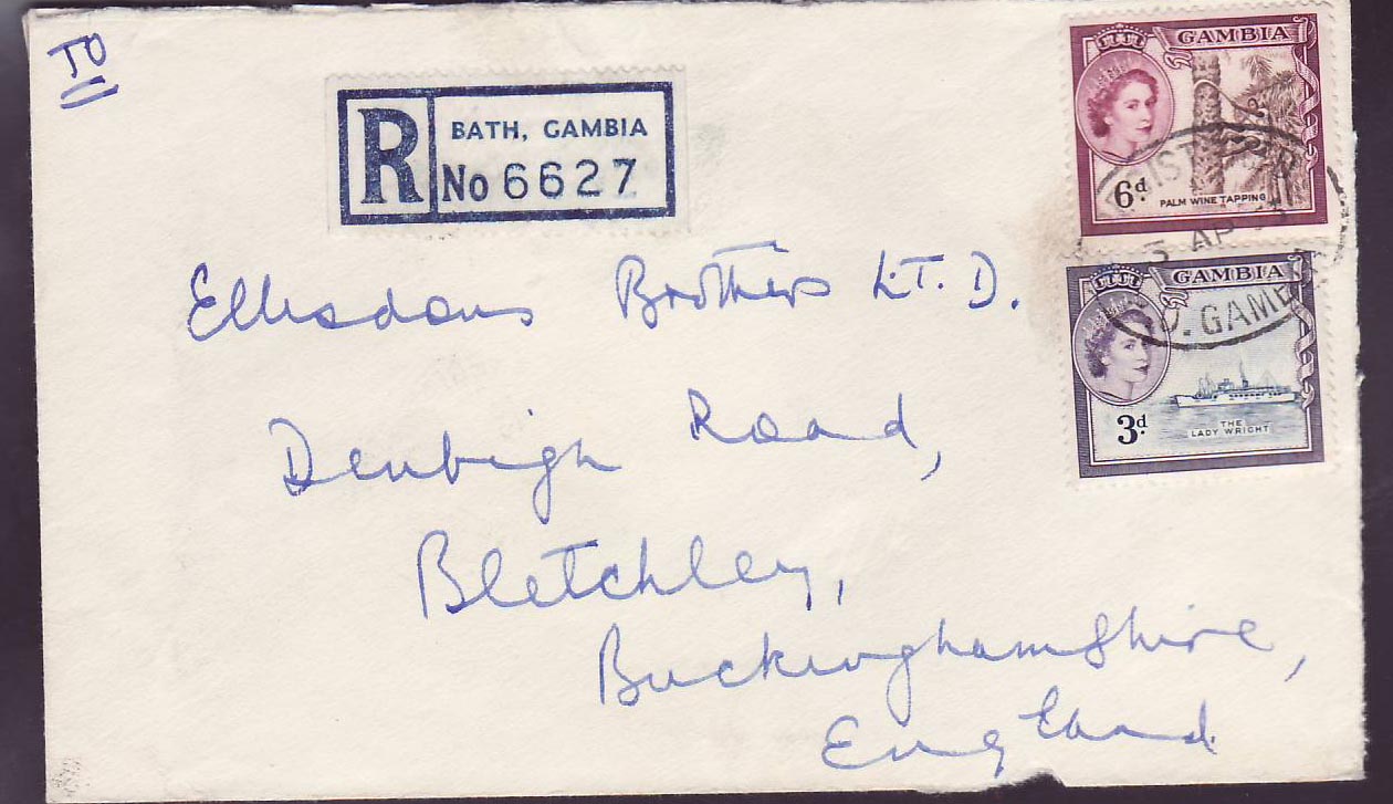 Gambie Gambia 2 QEII stamps on Bath cover to England  can 1963