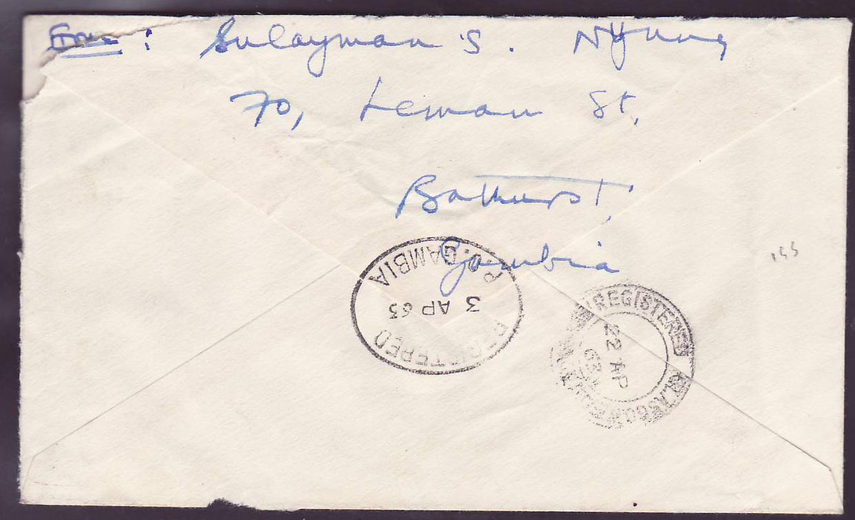 Gambie Gambia 2 QEII stamps on Bath cover to England  can 1963 — Rückseite