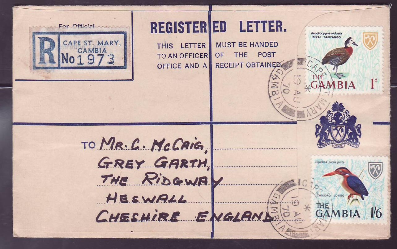 Gambie Gambia Unusual Cape Mary canc on 1970 cover to Heswall  Cheshire  England (oiseau  bird)