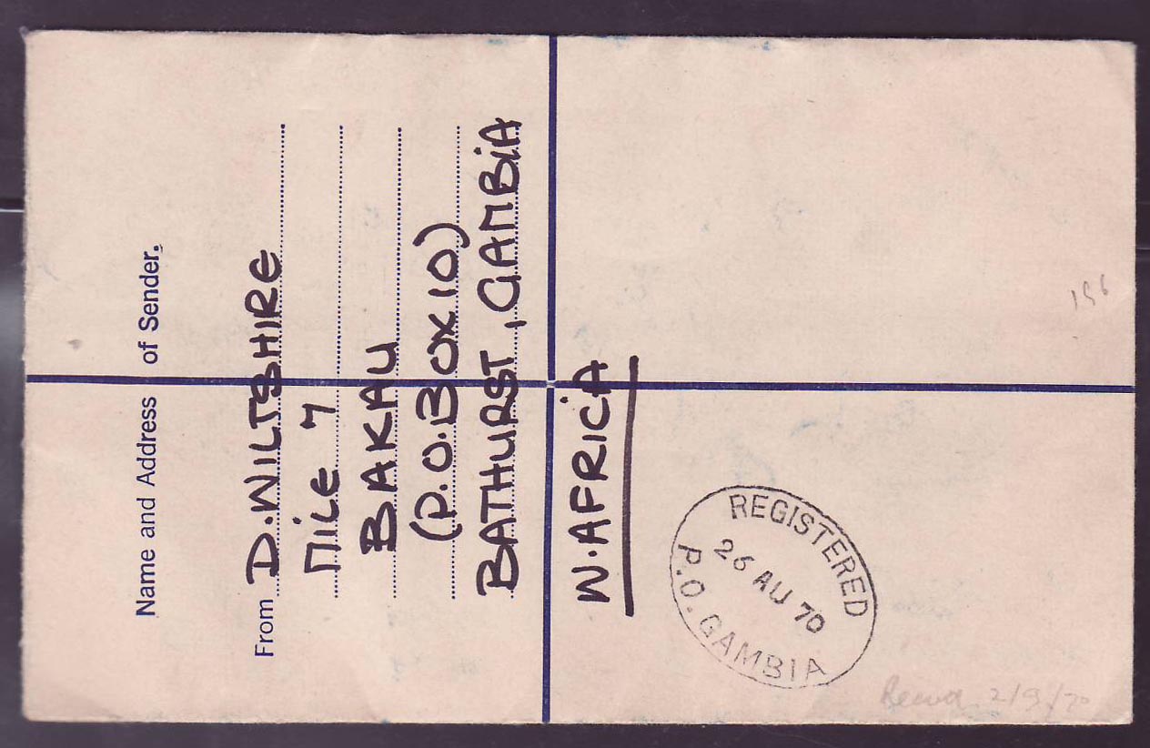 Gambie Gambia Unusual Cape Mary canc on 1970 cover to Heswall  Cheshire  England (oiseau  bird) — Rückseite