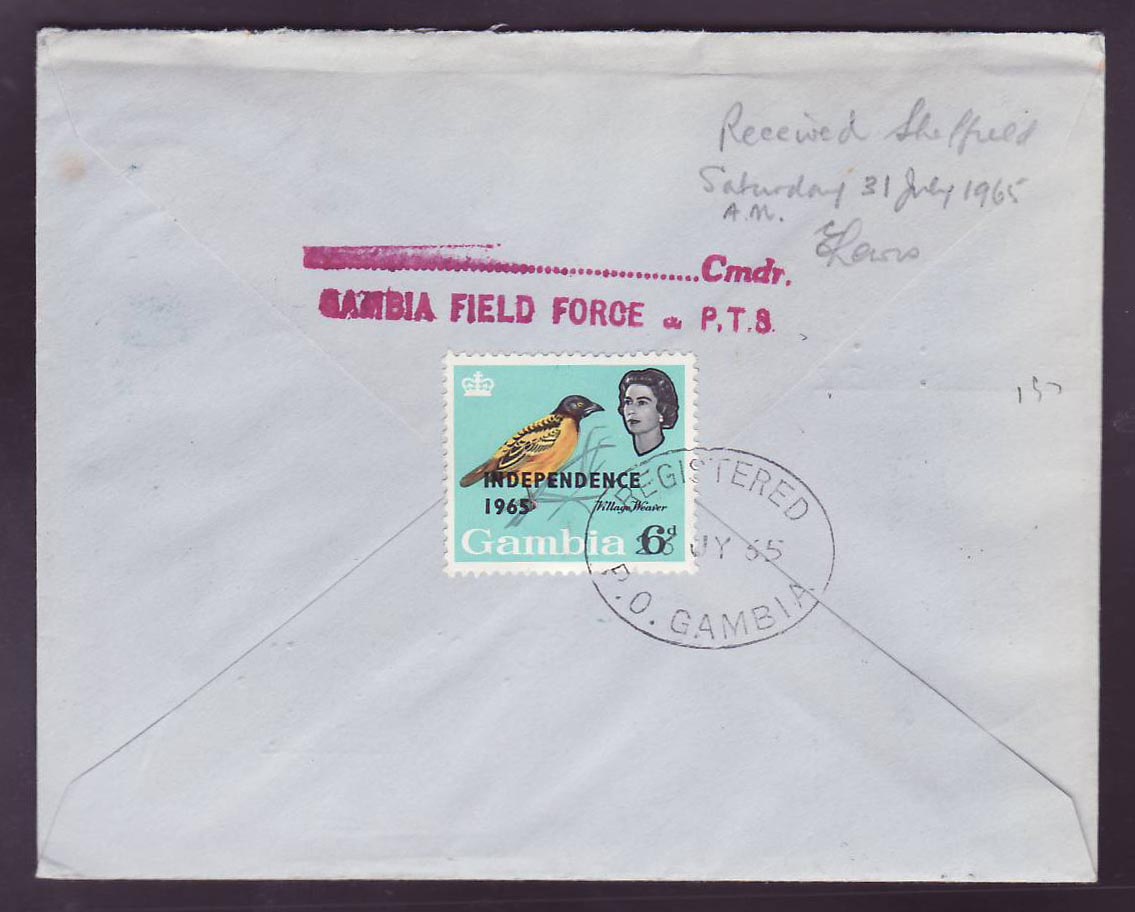 Gambie Gambia Rare Yundum Airport canc on 1965 cover to Sheffield  England — Rückseite