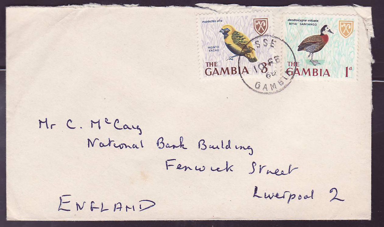 Gambie Gambia 1968 cover with Basse canc (Bird  Oiseau) to Liverpool  England