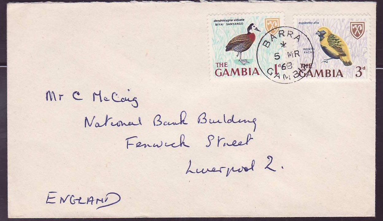 Gambie Gambia Rare Barra cancl on 1968 cover to Liverpool  England
