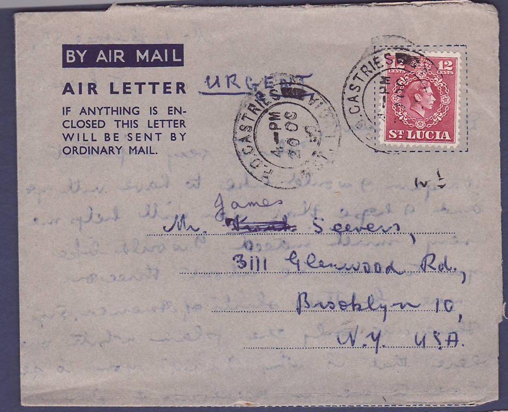 St Lucia Lucie 1950 Castries Aerogram to New York  USA