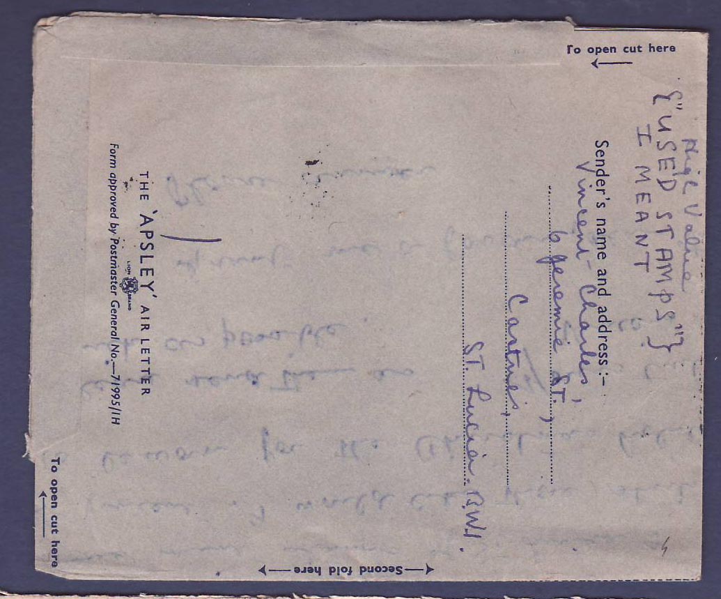 St Lucia Lucie 1950 Castries Aerogram to New York  USA — Rückseite
