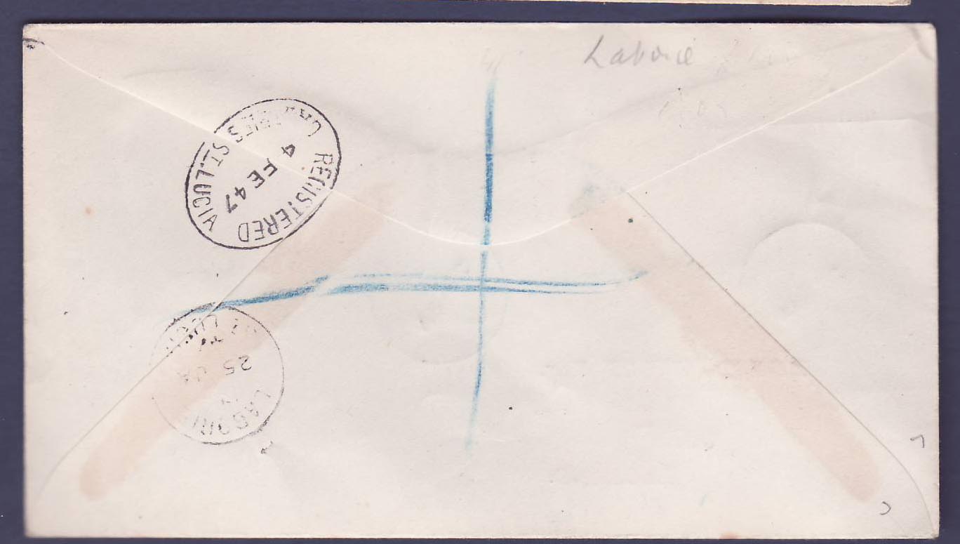 St Lucia Lucie 1947 cover to Grimsby  England  canc Laborie (small office) — Rückseite