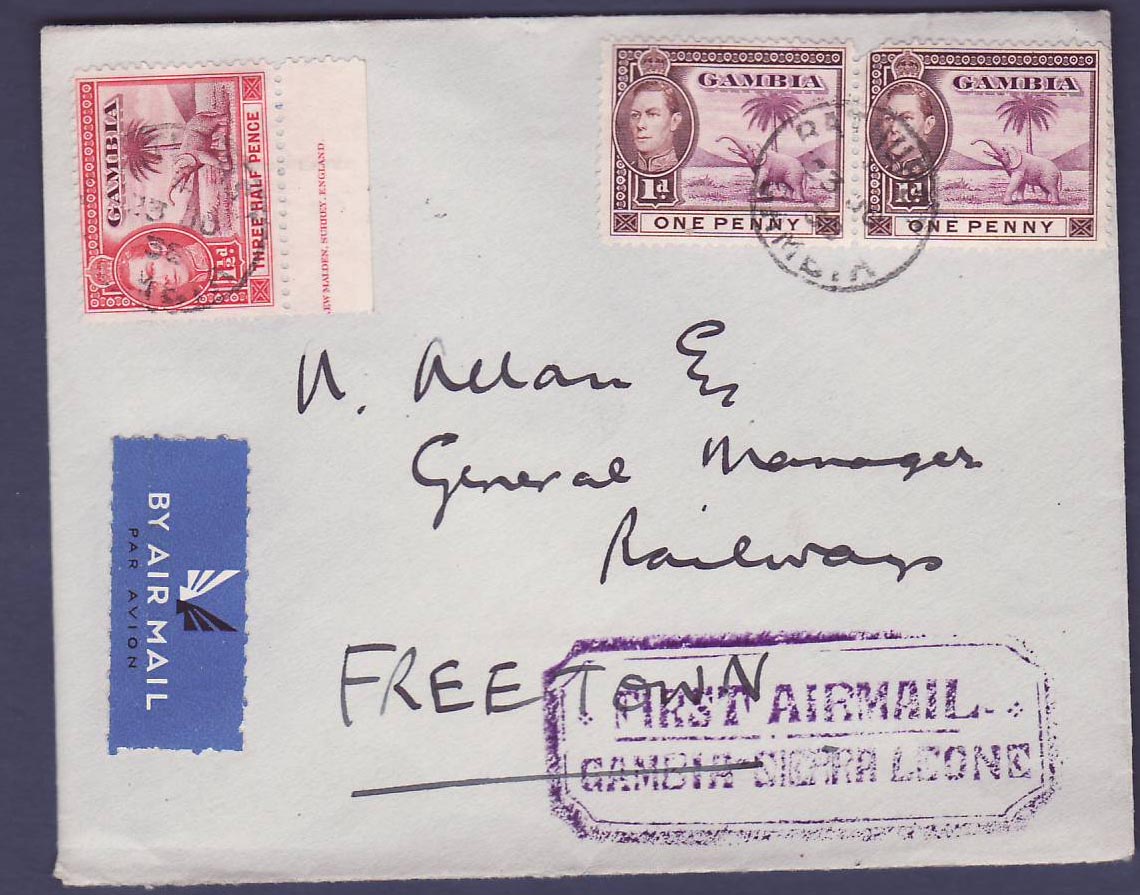 St Lucia Lucie First Flight Gambia Sierra Leone dated 33 NO 38 to Freetown Elephant