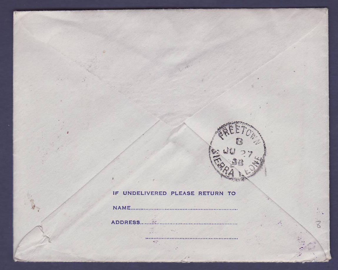 St Lucia Lucie First Flight Gambia Sierra Leone dated 33 NO 38 to Freetown Elephant — Rückseite