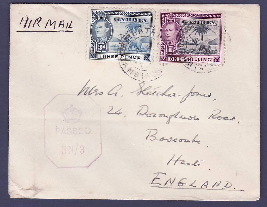 Gambie Gambia Cover 3p + 1s Elephant canc Bathurst with Censor cancellation NN/3 for Boscombe  England