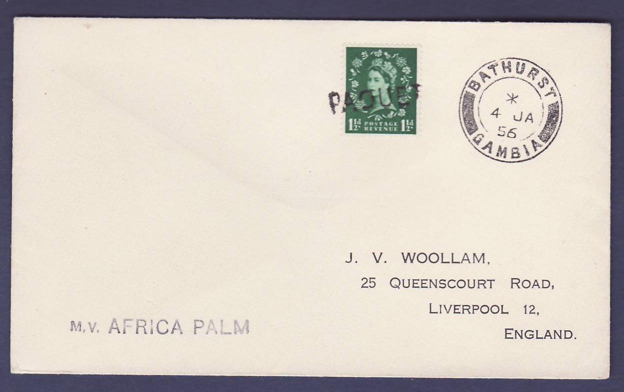 Gambie Gambia Cover with EII 1 1/2d value with PAQUET cancel Bathurst 4 JA 56 to Liverpool  England