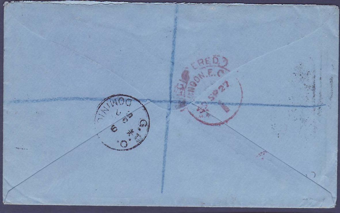 Gambie Gambia Registered Cover with 3s GV stamp canc Cancelled 8 SP 27 to Scotland — Verso