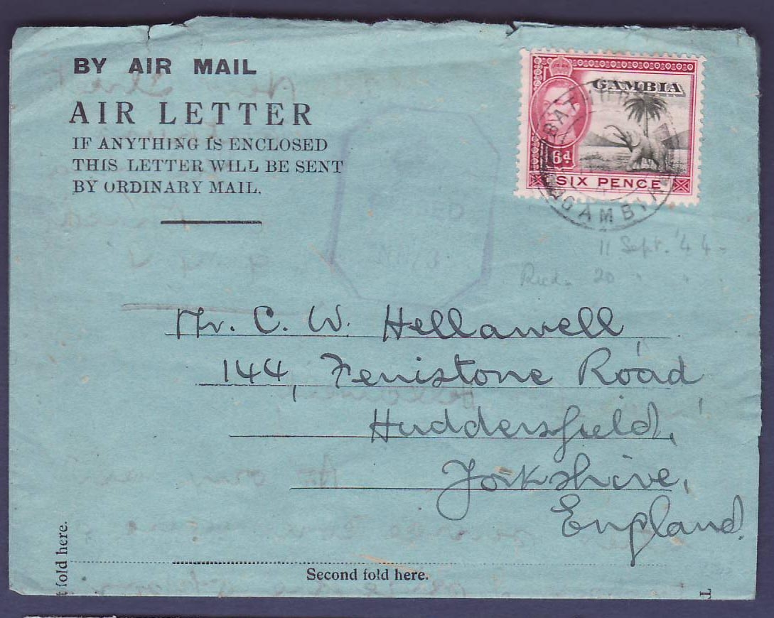 Gambie Gambia Aerogram wth 6p value  censor handtsamp  to Yorkshire  England