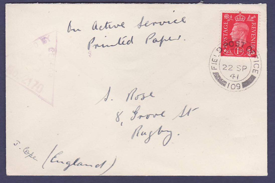 Gambie Gambia Small censored letter with Field Post Office cancellation dated 22 SP 41  censor handstamp  to Rugby  Engl