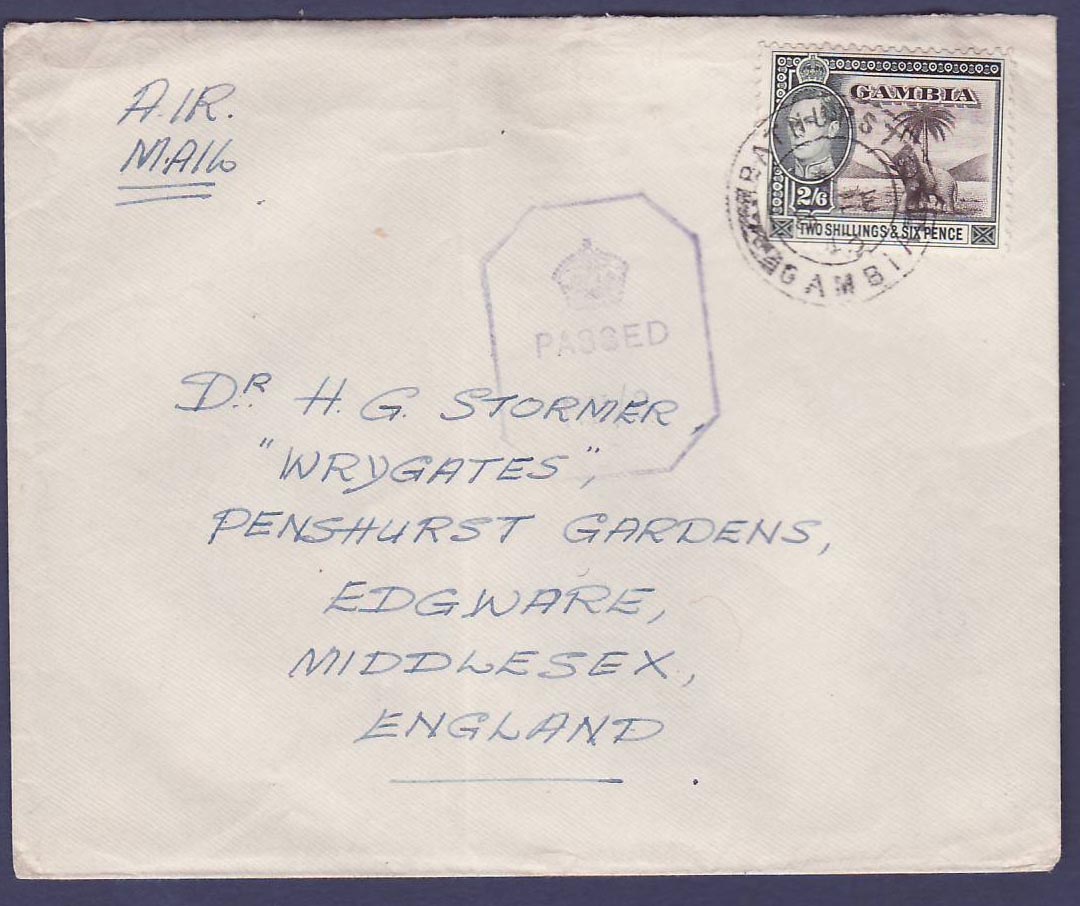 Gambie Gambia Cover with 2/6 value dated FE 43  censor handstamp  for Edgware  Middlesex  England