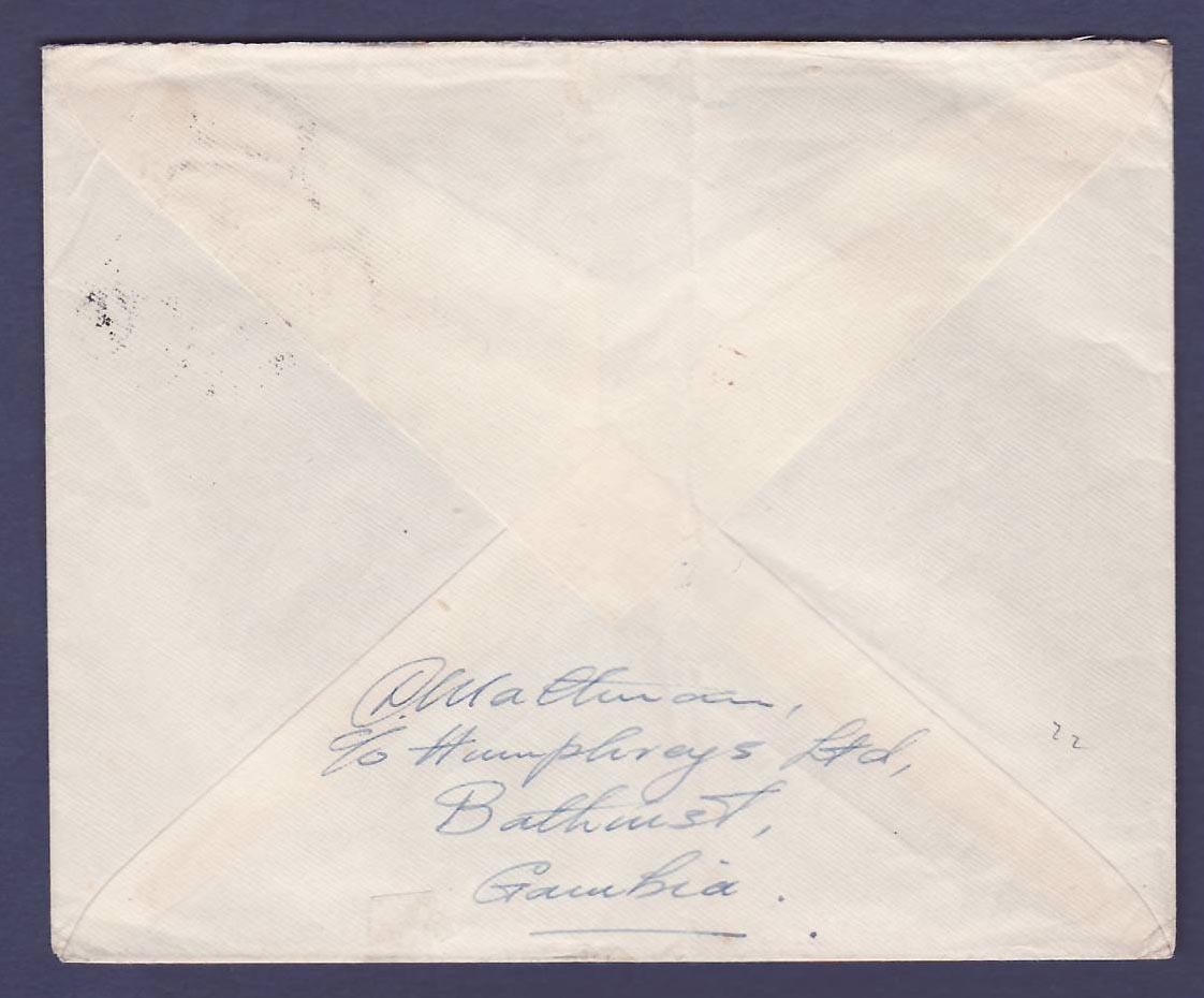 Gambie Gambia Cover with 2/6 value dated FE 43  censor handstamp  for Edgware  Middlesex  England — Rückseite